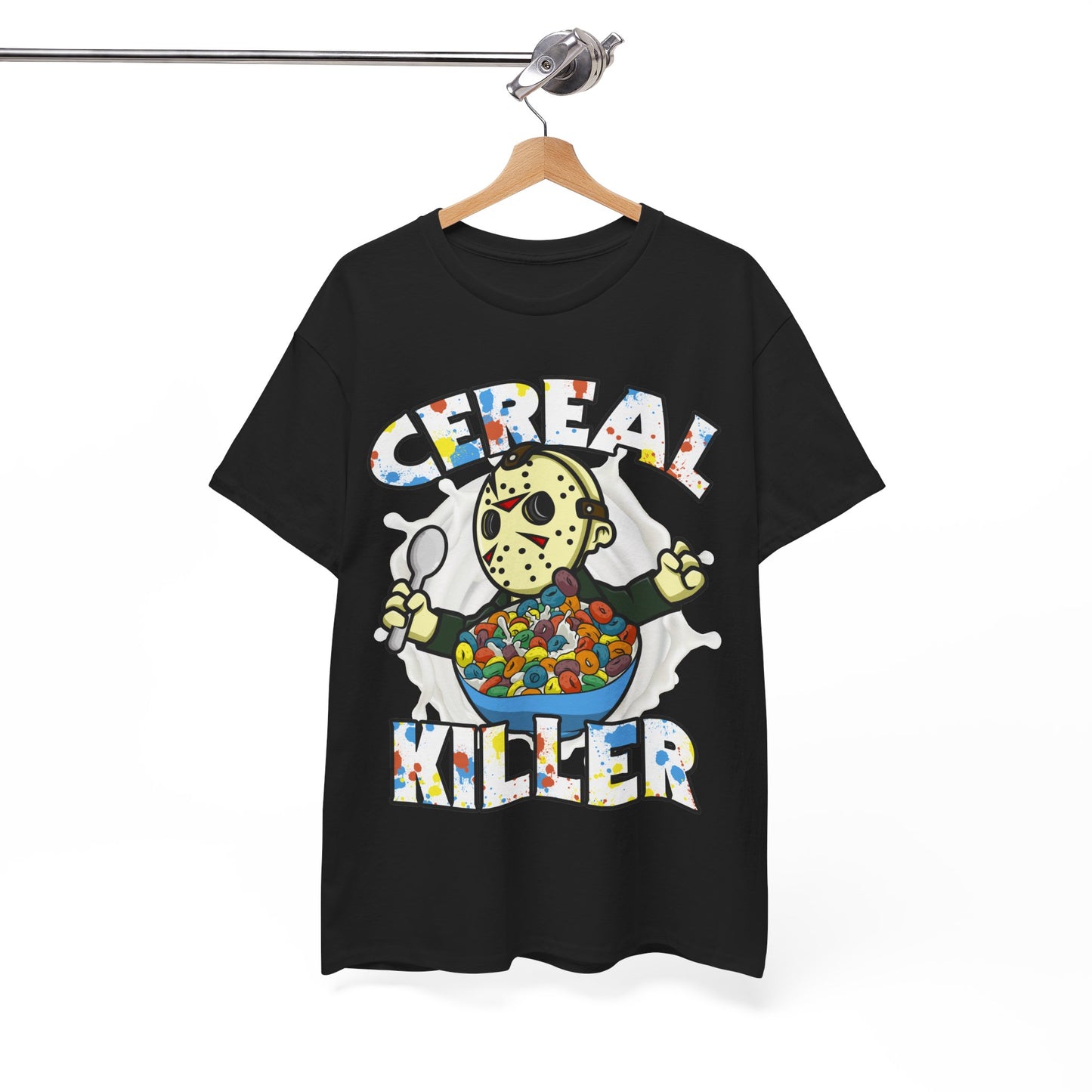 Black t-shirt with funny 80s horror graphic design and CEREAL KILLER text on a hanger against a white background