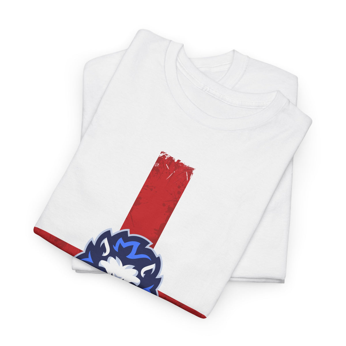 A folded white t-shirt featuring a graphic print of a red St George's Cross England flag with a blue Lion head, set against a plain white background.