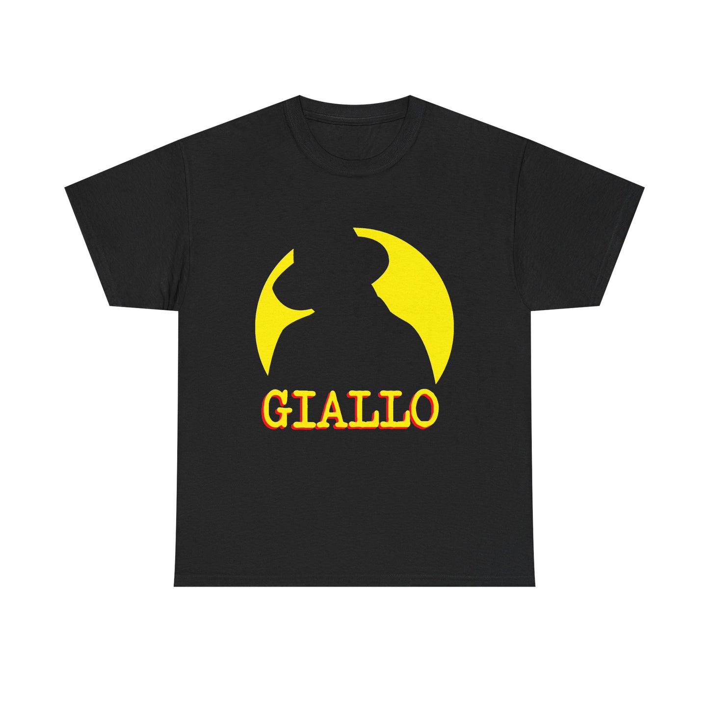 Giallo t-shirt featuring a silhouette of a classic Giallo film killer (established in the Mario Bava film, Blood and Black Lace) wearing a trench coat and wide brimmed fedora hat. This t-shirt would make a great gift for fans of retro 70s Italian horror films, especially Giallo movies by directors like Mario Bava, Lucio Fulci and Dario Argento.