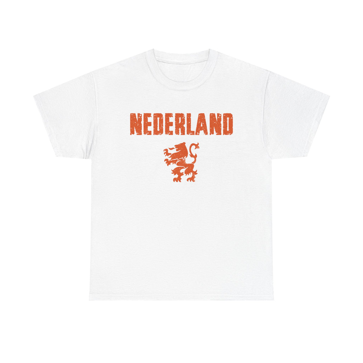A white short-sleeve crewneck t-shirt featuring a distressed orange graphic on the chest with the word 'NEDERLAND' above a lion rampant.