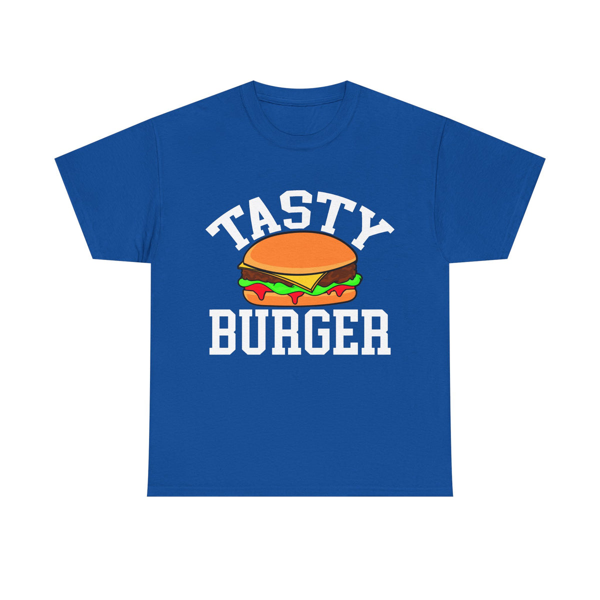 A royal blue short-sleeve t-shirt with a graphic print of a hamburger and the words 'TASTY BURGER' in white varsity-style lettering