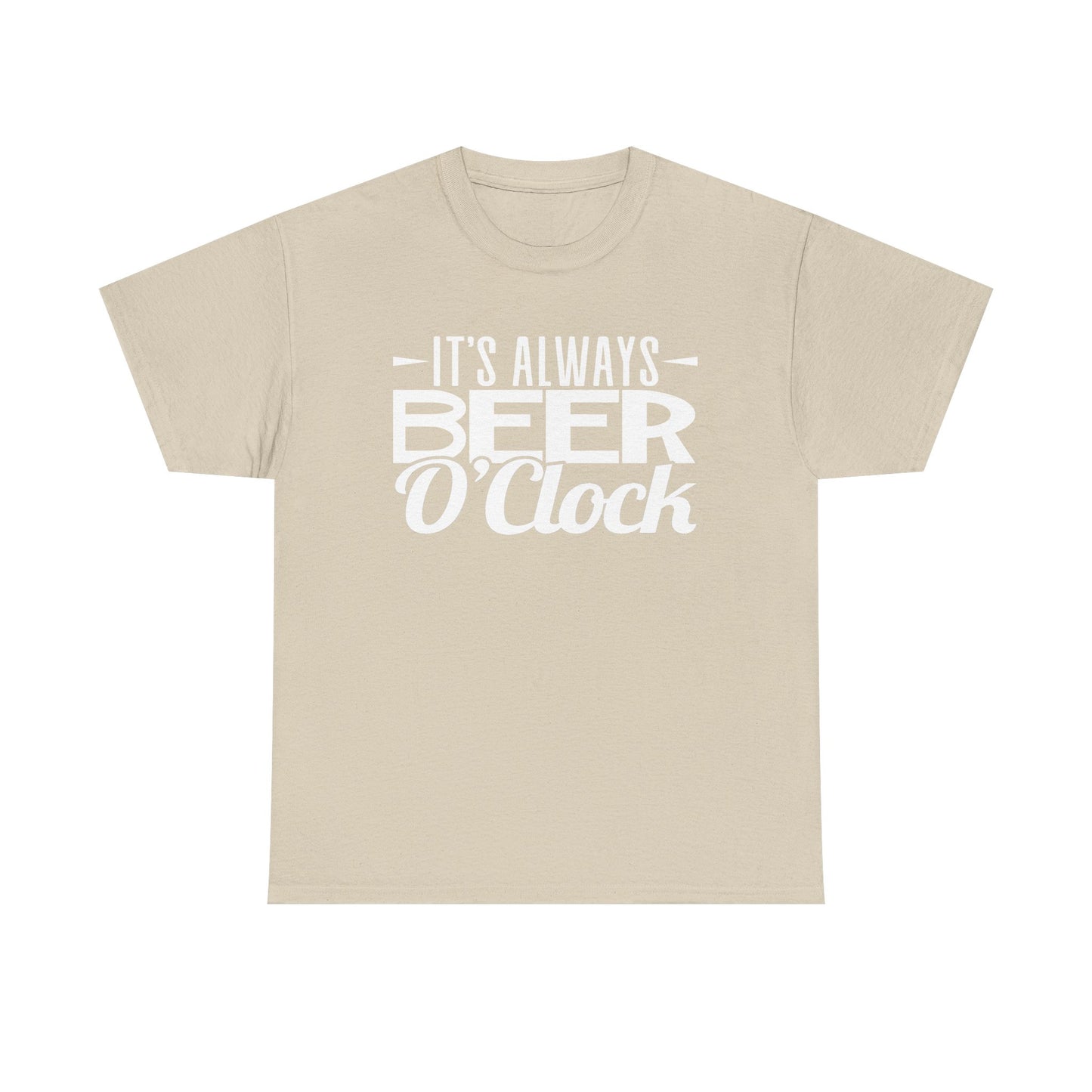 Beige t-shirt with white text on a white background