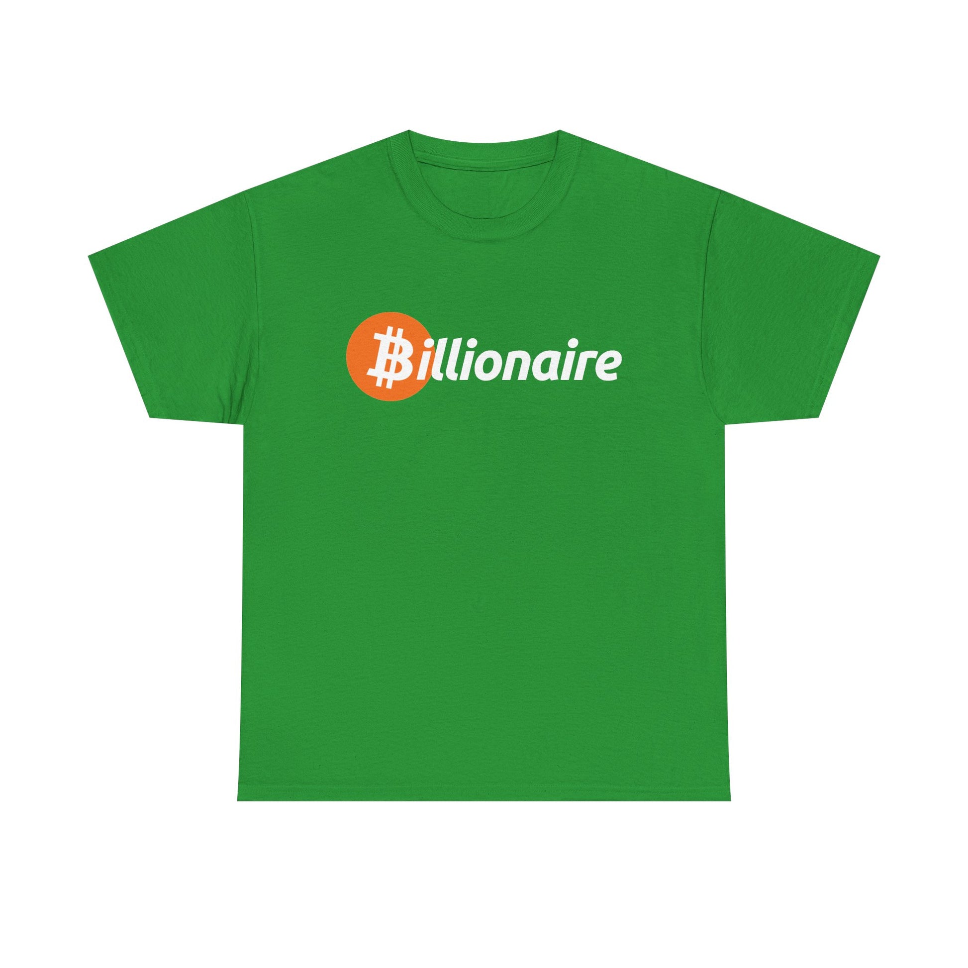 A green short-sleeve crewneck t-shirt featuring a white 'Billionaire' logo with an orange Bitcoin symbol on the chest, displayed against a solid white background.