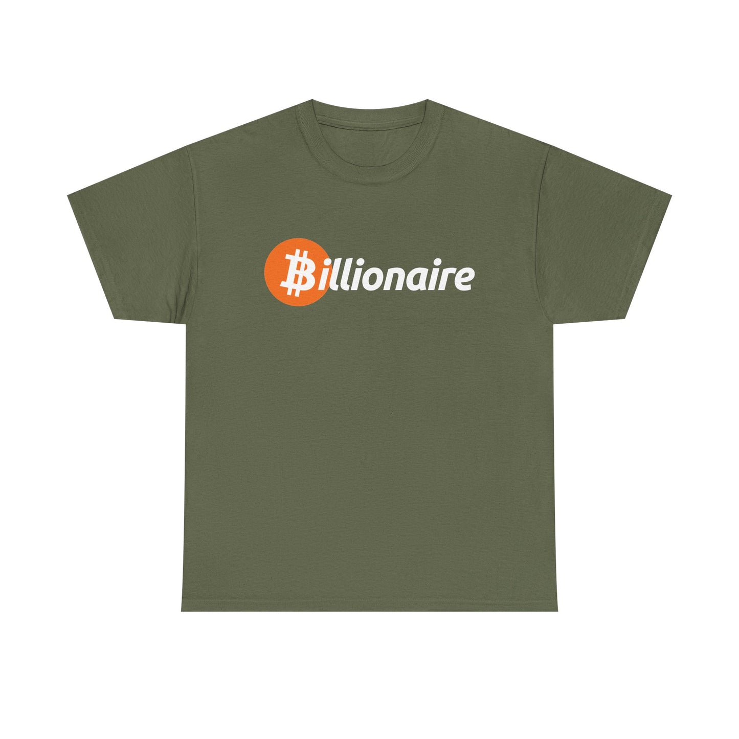 An olive green short-sleeve t-shirt with a graphic on the chest featuring an orange Bitcoin symbol inside a circle next to the word 'billionaire' in white script.