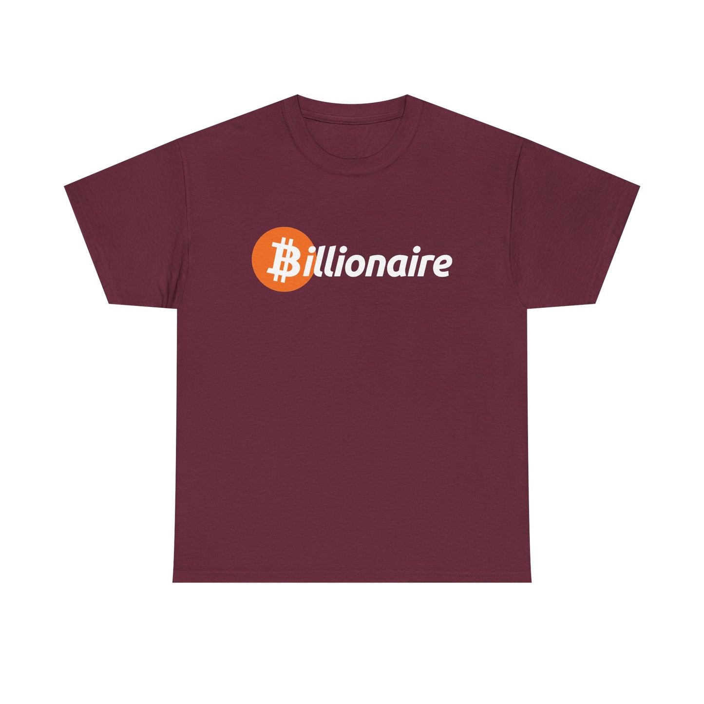 A maroon short-sleeve crewneck t-shirt featuring a white 'billionaire' text logo and an orange Bitcoin coin graphic on the chest, displayed against a solid white background.