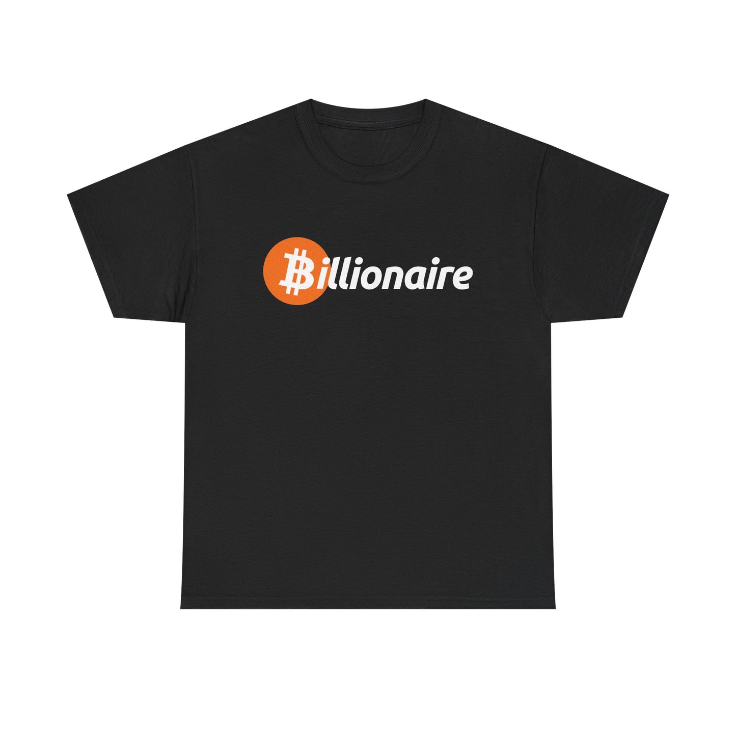 A black short-sleeve crewneck t-shirt featuring a graphic on the chest with an orange Bitcoin-style coin icon and the word 'billionaire' in white script.