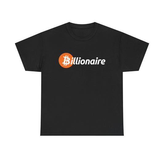 A black short-sleeve crewneck t-shirt featuring a graphic on the chest with an orange Bitcoin-style coin icon and the word 'billionaire' in white script.
