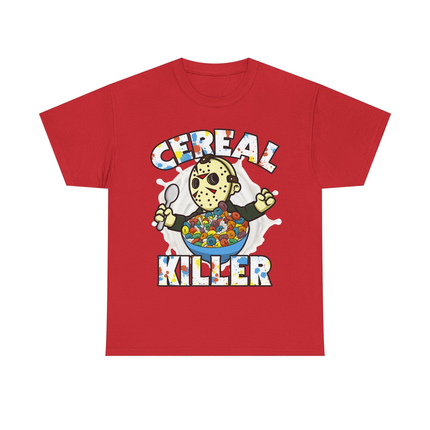 This fun and humorous 80s horror film spoof Cereal Killer shirt features a Jason Voorhees wearing his famous hockey mask eating a bowl of cereal.