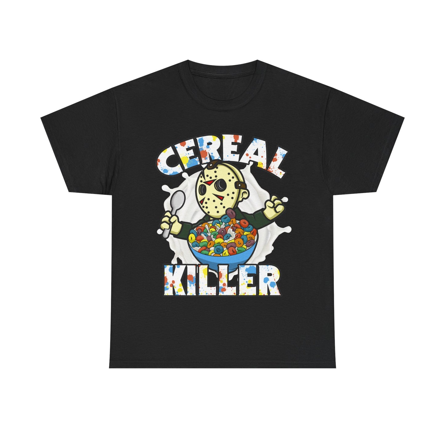 This fun and humorous 80s horror film spoof Cereal Killer shirt features a Jason Voorhees wearing his famous hockey mask eating a bowl of cereal.