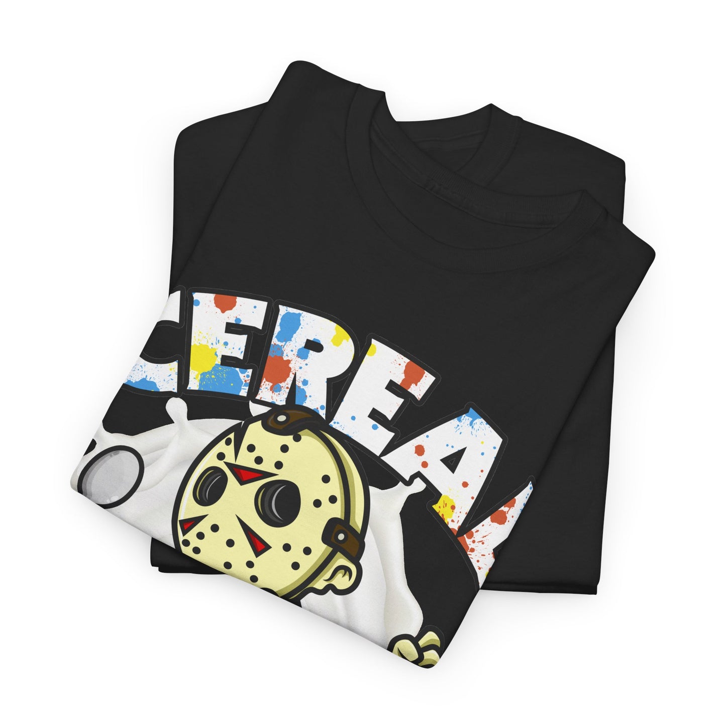 A folded black T-shirt featuring a graphic print of Jason Voorhees with his hockey mask and the word 'CEREAL KILLER' 