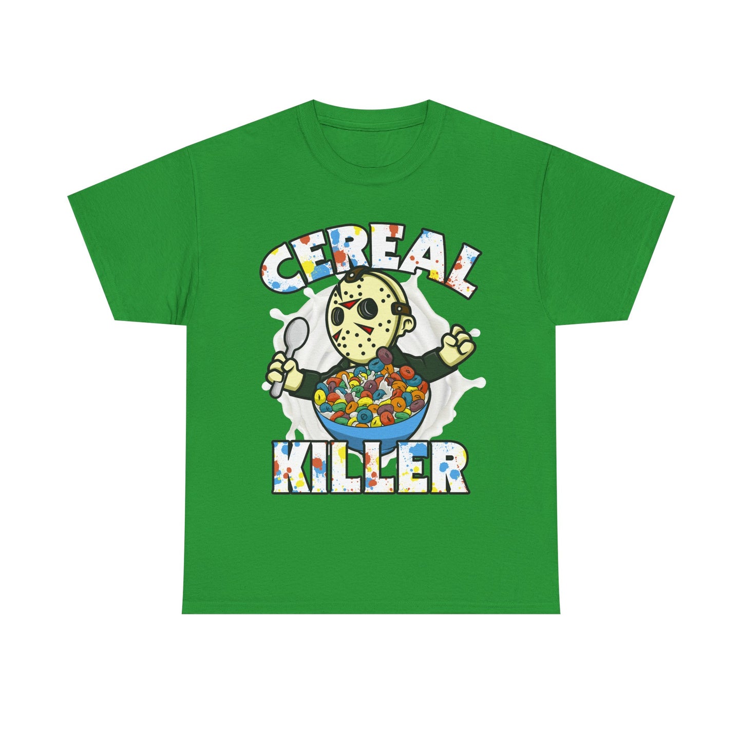 A green short-sleeve crewneck t-shirt featuring a graphic of Jason Voorhees holding a bowl of cereal with the text 'CEREAL KILLER' in a multi-colored patterned font.