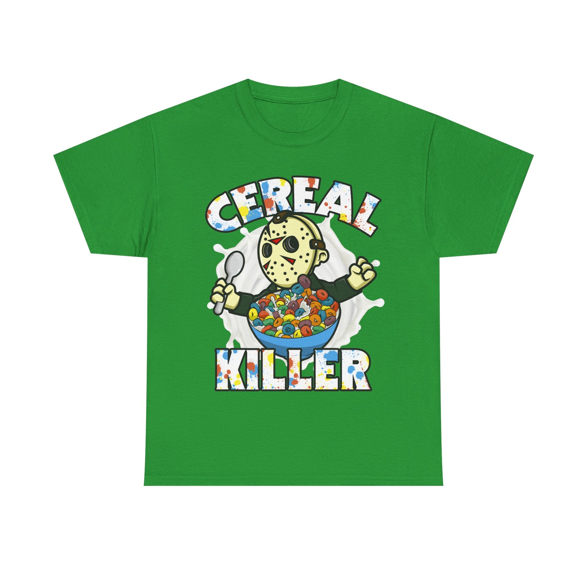 A green short-sleeve crewneck t-shirt featuring a graphic of Jason Voorhees holding a bowl of cereal with the text 'CEREAL KILLER' in a multi-colored patterned font.