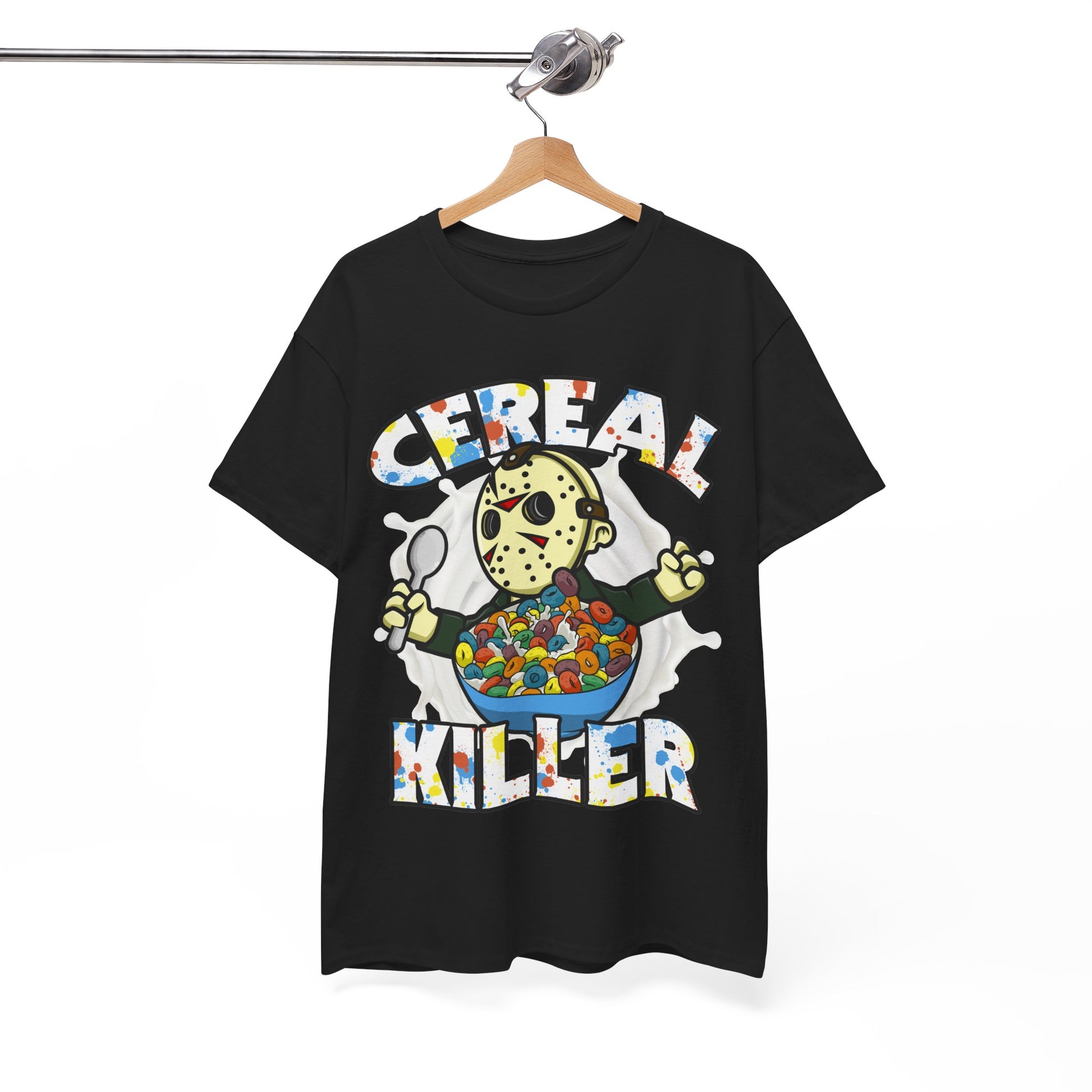 Black t-shirt with funny 80s horror graphic design and CEREAL KILLER text on a hanger against a white background