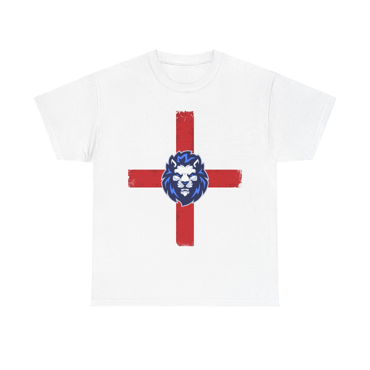 A white short-sleeve crewneck t-shirt featuring a distressed red St George Cross graphic on the front, with a blue lion head emblem centered at the intersection.