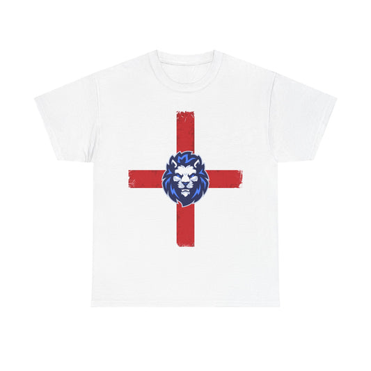 A white short-sleeve crewneck t-shirt featuring a distressed red St George Cross graphic on the front, with a blue lion head emblem centered at the intersection.