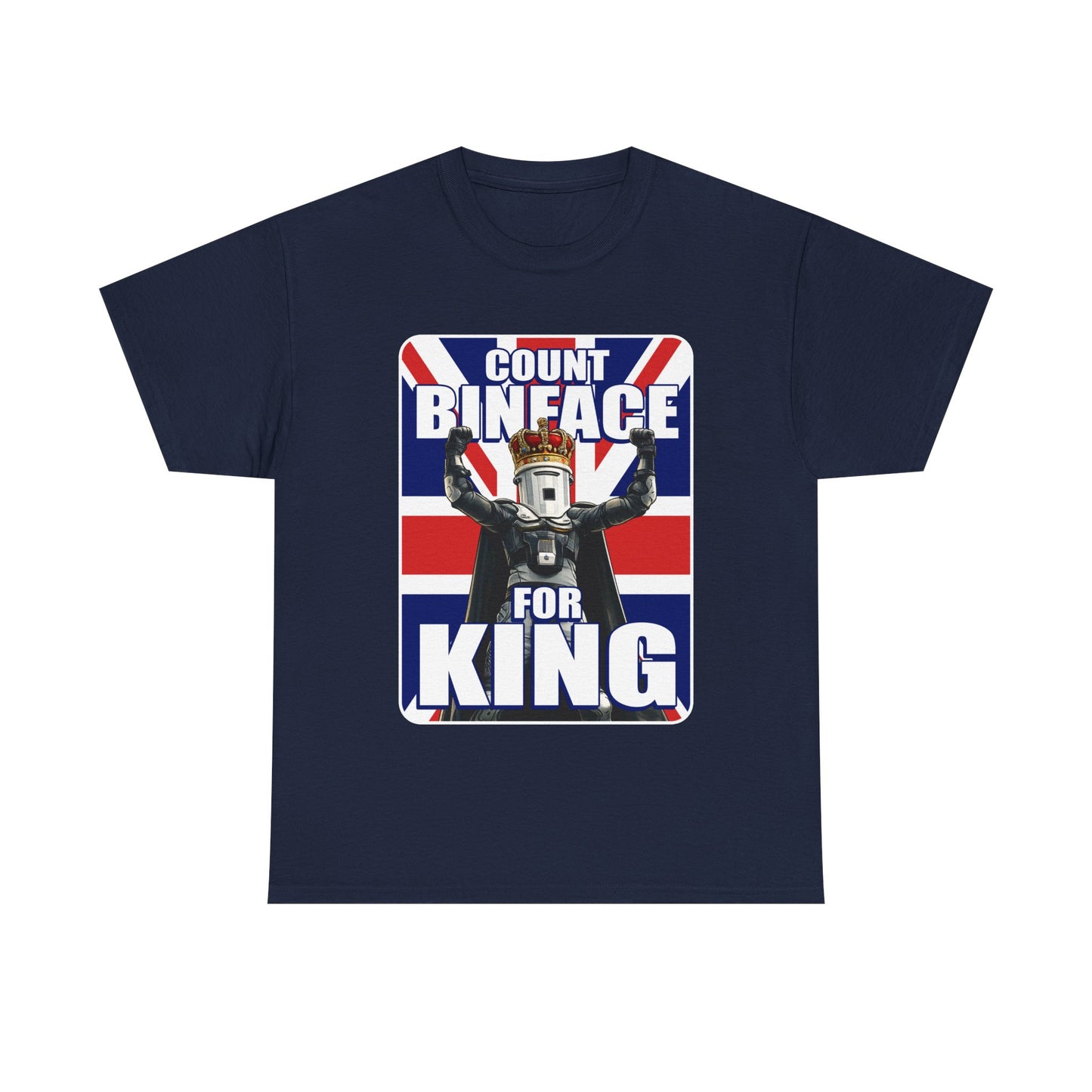 Navy tshirt featuring count binface