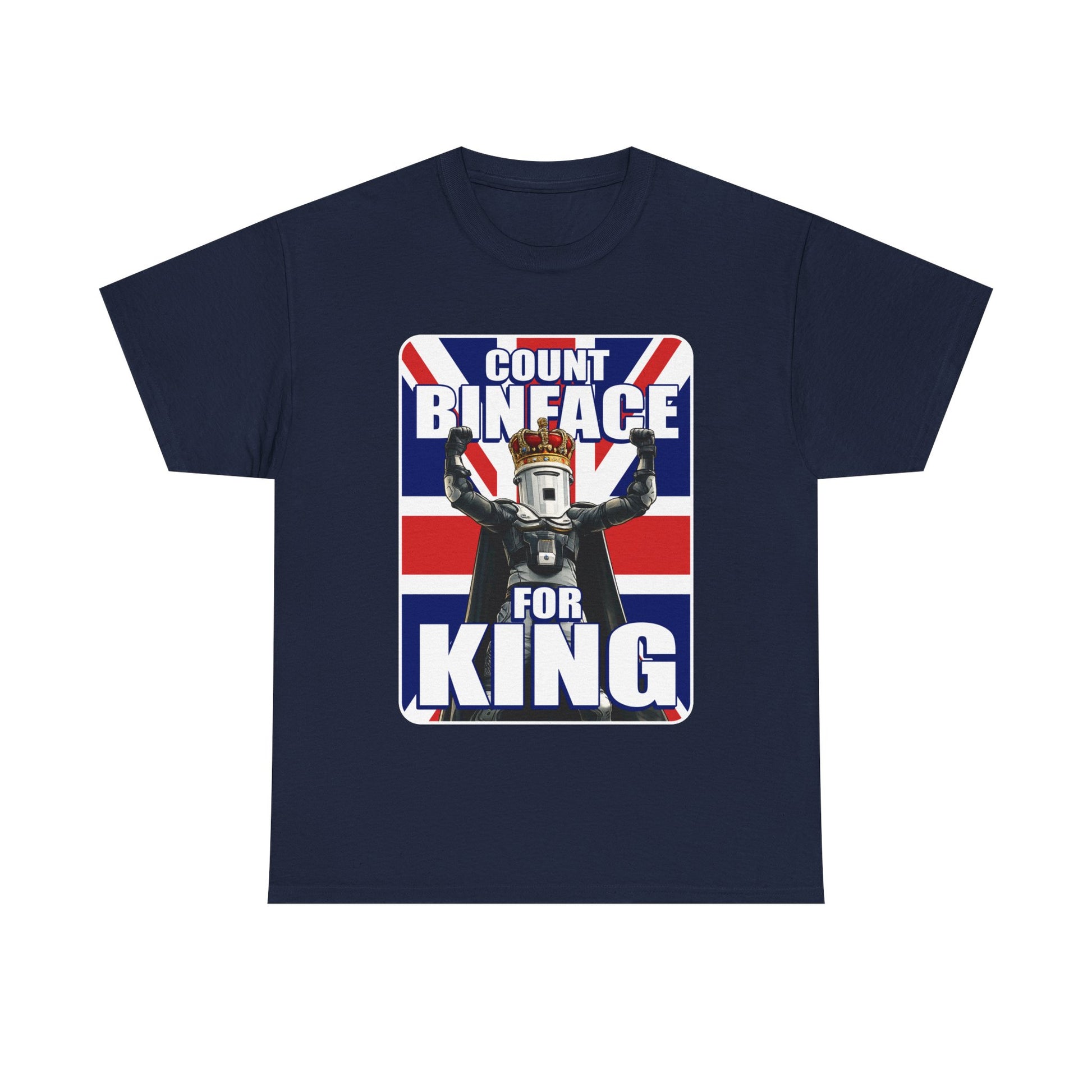 Navy tshirt featuring count binface