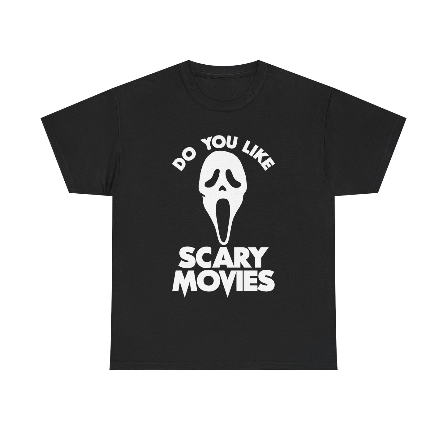This fun 90s slasher horror film shirt features the iconic Ghostface mask one of horror cinemas most famous lines "DO YOU LIKE SCARY MOVIES?".