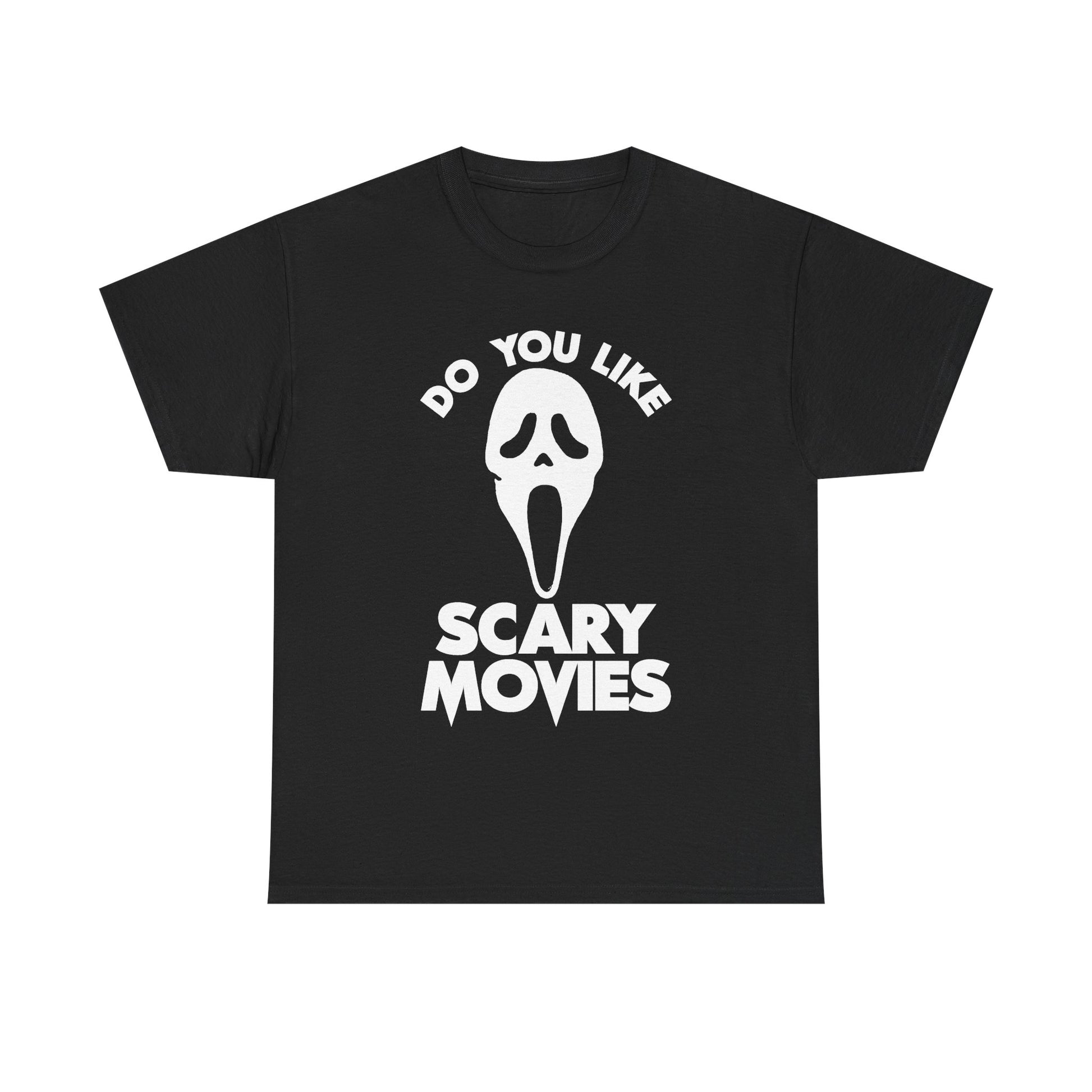 This fun 90s slasher horror film shirt features the iconic Ghostface mask one of horror cinemas most famous lines "DO YOU LIKE SCARY MOVIES?".