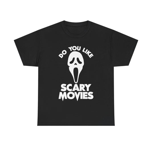 This fun 90s slasher horror film shirt features the iconic Ghostface mask one of horror cinemas most famous lines "DO YOU LIKE SCARY MOVIES?".