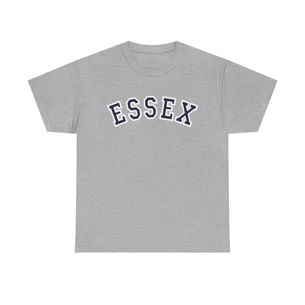 Essex t-shirt in navy and white college style font on a sports grey t shirt