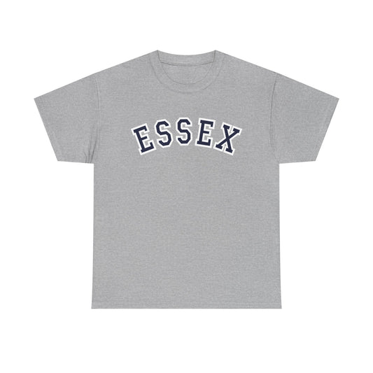 Essex t-shirt in navy and white college style font on a sports grey t shirt