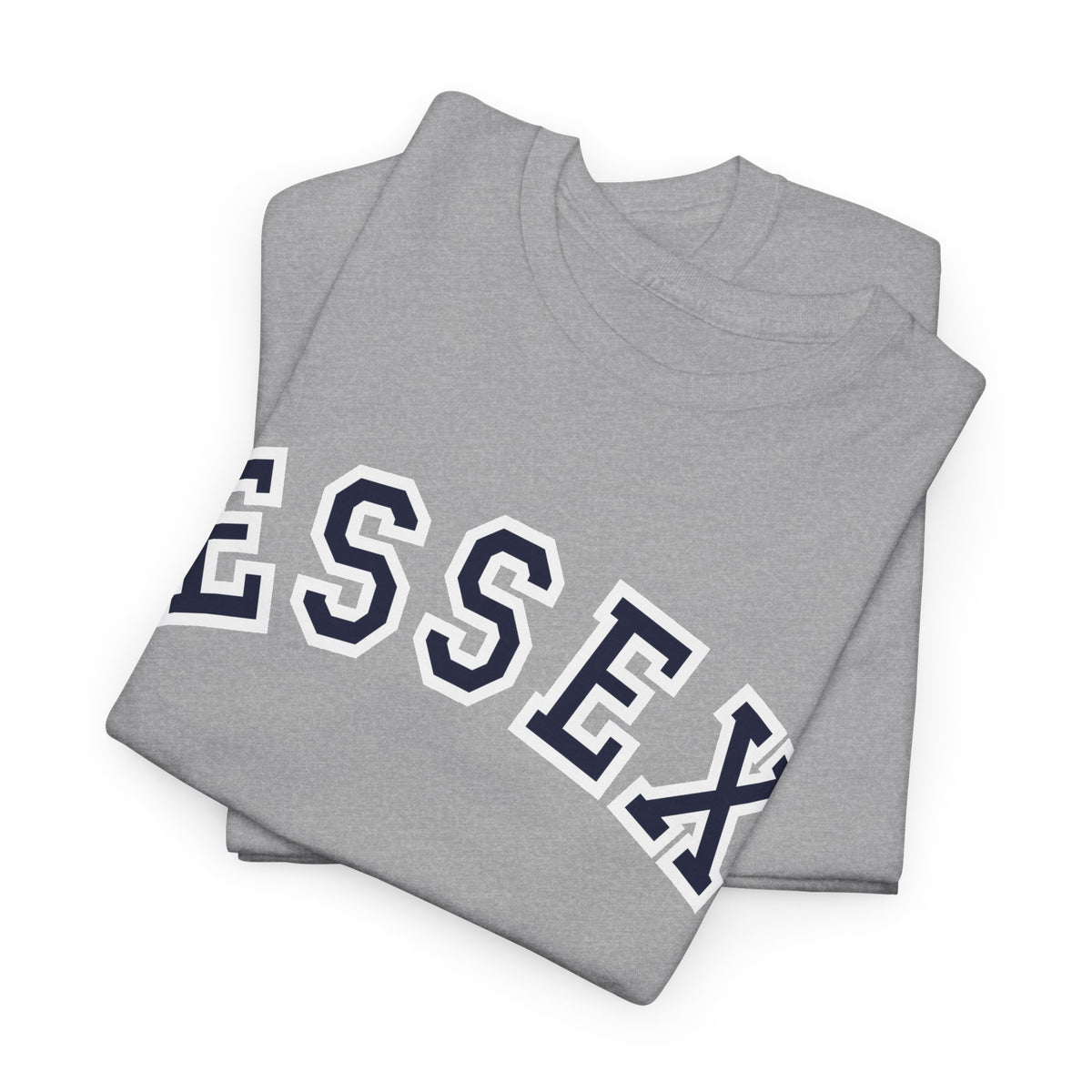 Folded Essex t-shirt in navy and white college style font on a sports grey t shirt