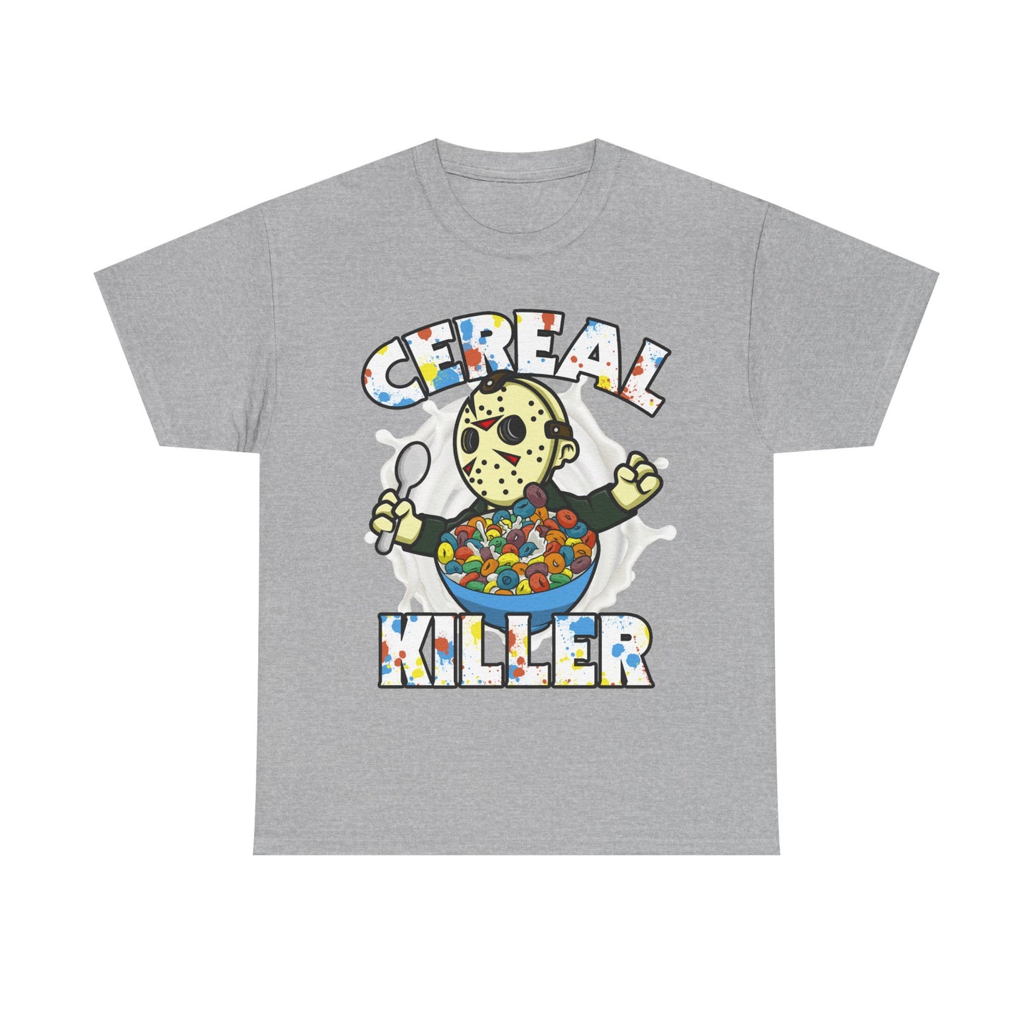 A heather gray short-sleeve t-shirt featuring a graphic of Jason Voorhees holding a spoon over a bowl of colorful cereal, with the words 'CEREAL KILLER' printed in a multicolor patterned font.