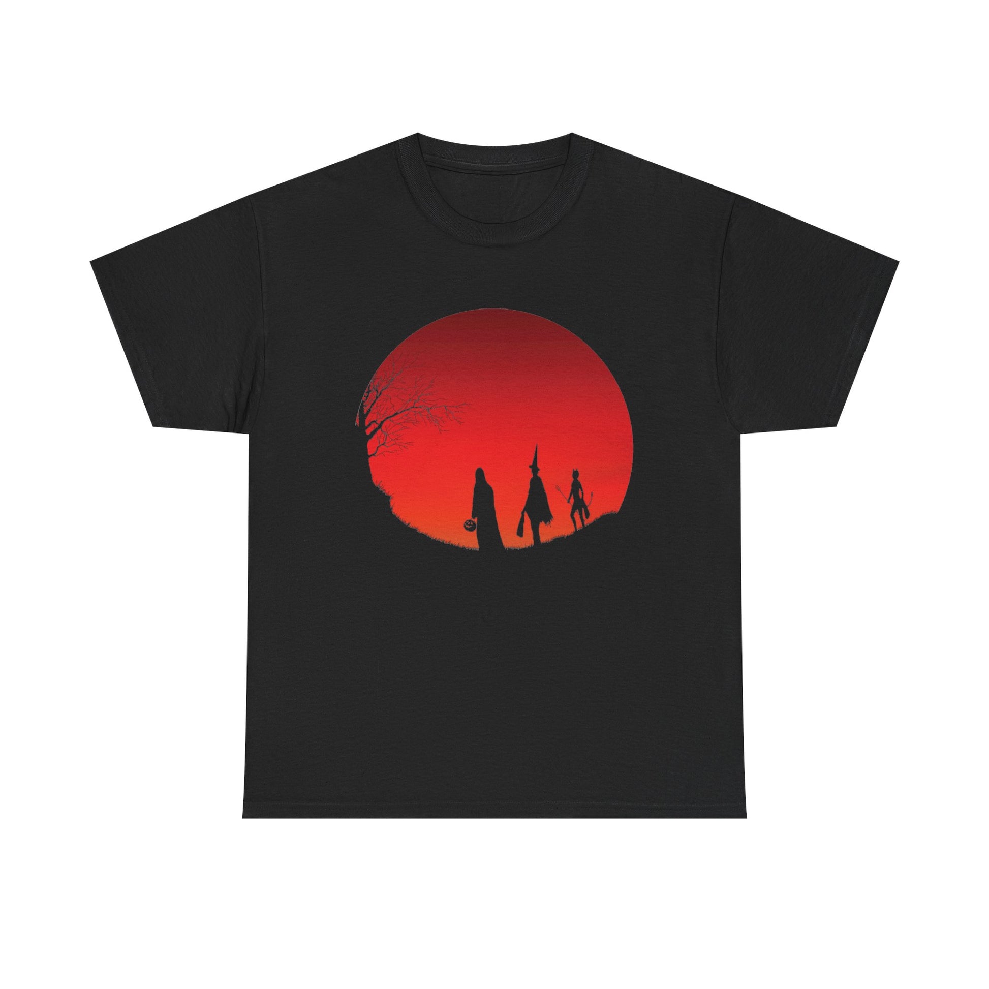 This retro Halloween t-shirt features a silhouette of Trick or Treaters against a spooky red moon.