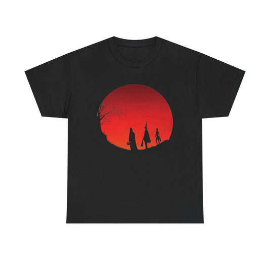 This retro Halloween t-shirt features a silhouette of Trick or Treaters against a spooky red moon.