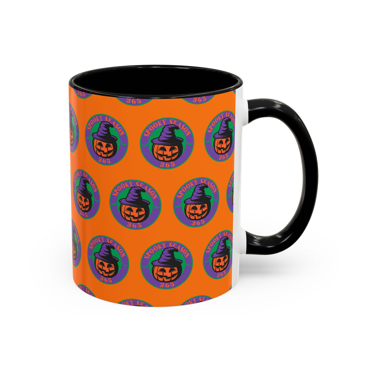 An orange ceramic mug with a black handle and interior, featuring a repeating Halloween pattern of jack-o'-lanterns in witch hats inside purple circles.