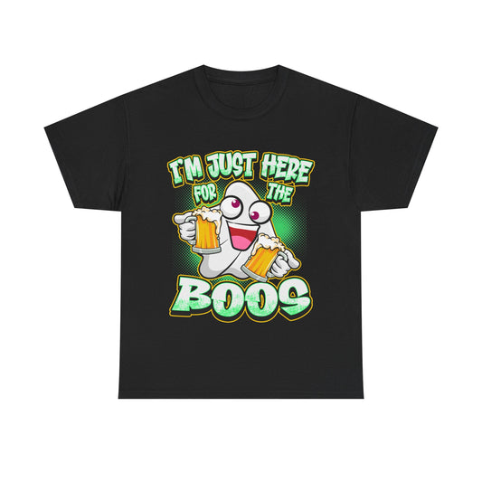 A black short-sleeve t-shirt with a colorful graphic on the front. The graphic features a cartoon ghost holding two foaming beer mugs, with the text 'I'M JUST HERE FOR THE BOOS' in a bold, bubbly green and yellow font.