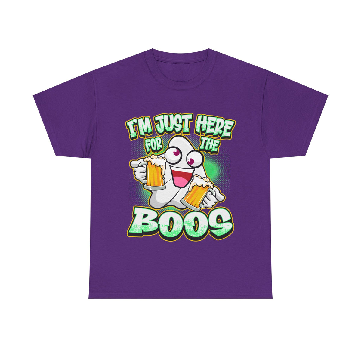 A purple short-sleeve crewneck t-shirt featuring a cartoon graphic of a ghost holding two beer mugs with the text 'I'M JUST HERE FOR THE BOOS' in green and white 3D lettering.