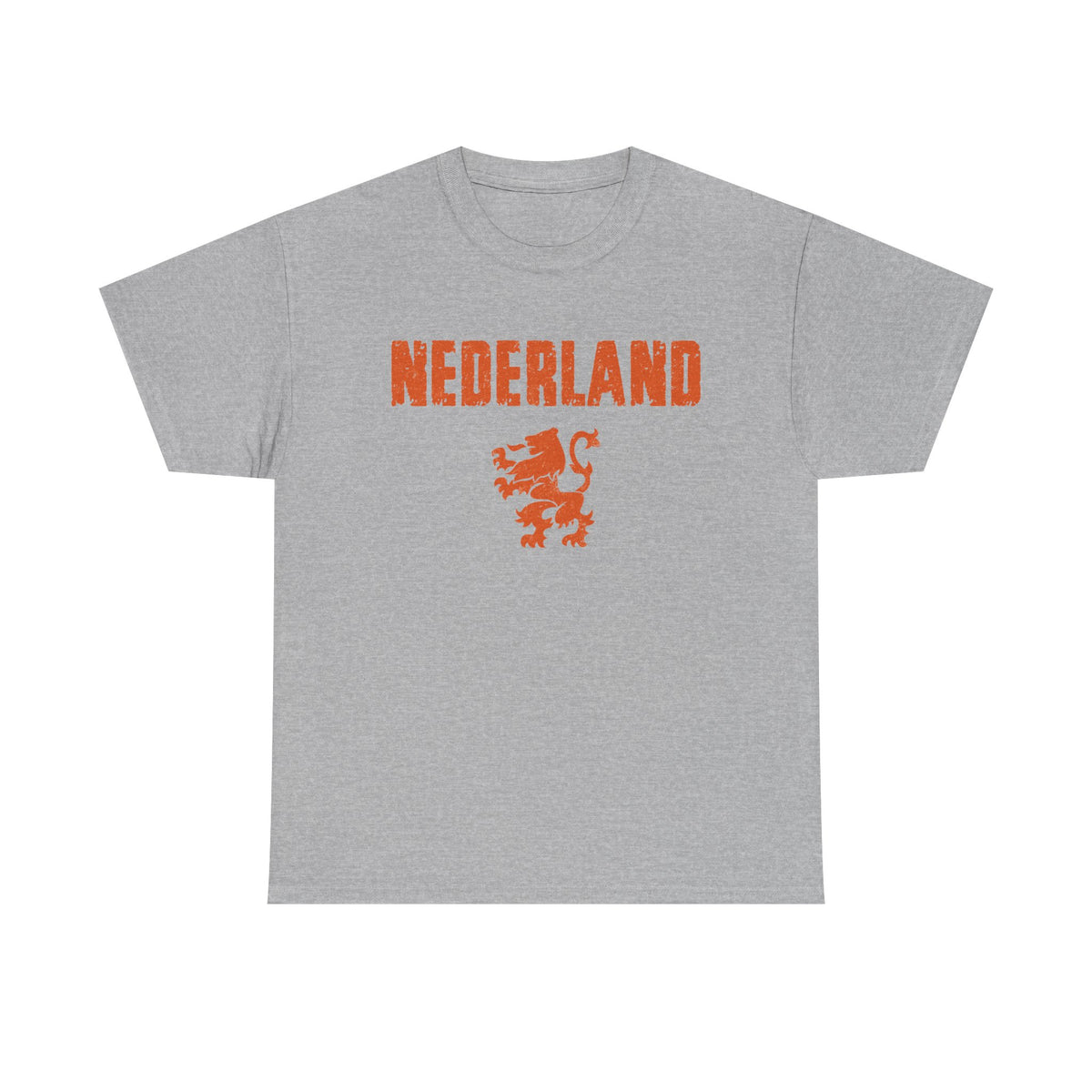 A heather gray short-sleeve t-shirt with 'NEDERLAND' printed in orange across the chest and a distressed orange lion graphic below it, shown on a plain white background.