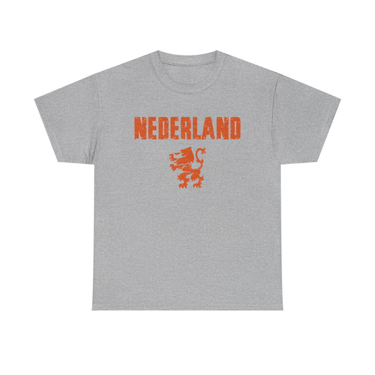 A heather gray short-sleeve t-shirt with 'NEDERLAND' printed in orange across the chest and a distressed orange lion graphic below it, shown on a plain white background.