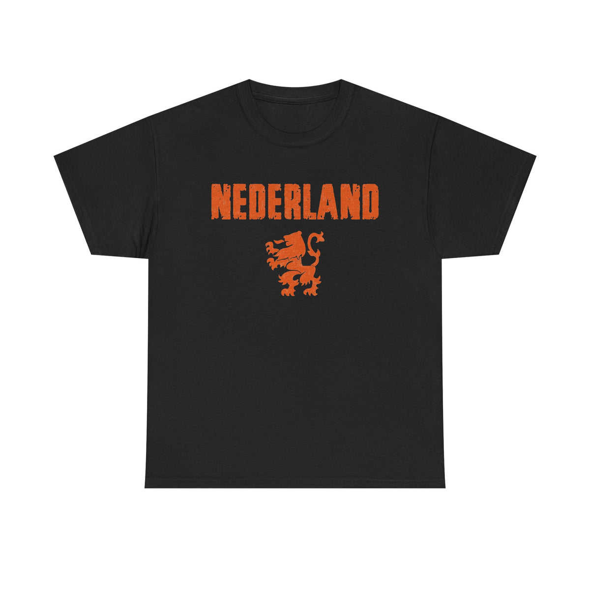 A black short-sleeve crewneck t-shirt featuring an orange graphic print on the front with the word 'NEDERLAND' and a lion emblem, displayed against a solid white background.