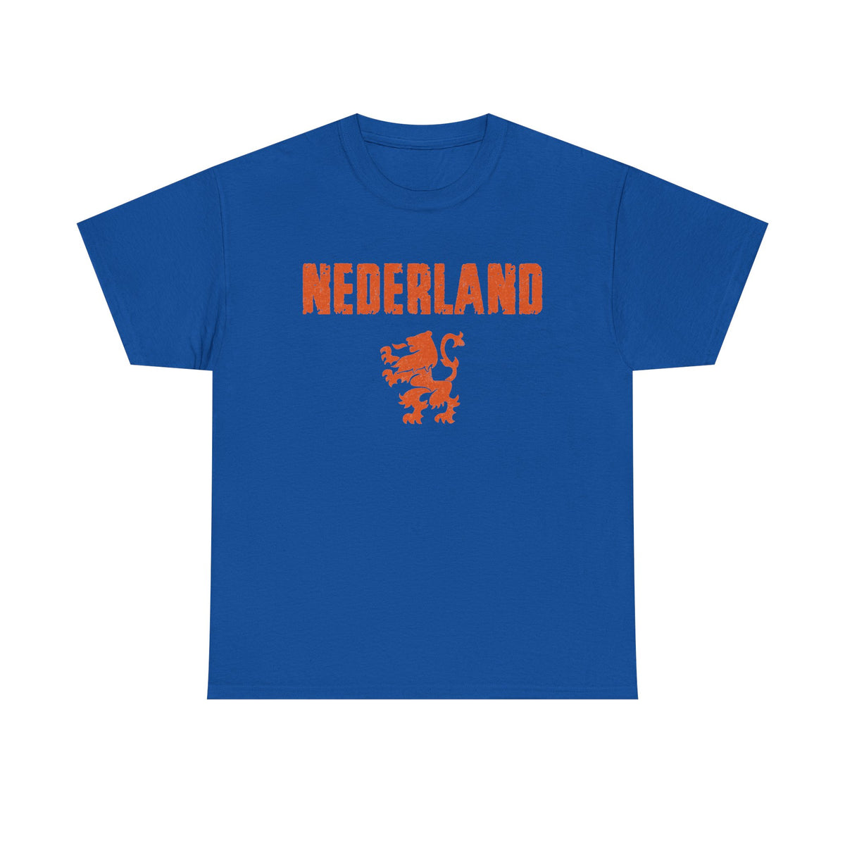 A royal blue short-sleeve t-shirt with 'NEDERLAND' printed in orange block letters across the chest, above an orange lion graphic, shown on a plain white background.