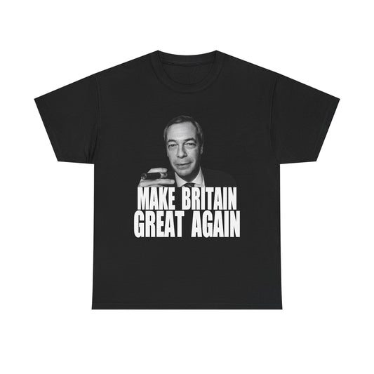 A black short-sleeve t-shirt with a graphic print of Nigel Farage smoking a cigar, with the text 'MAKE BRITAIN GREAT AGAIN' in bold white letters below.