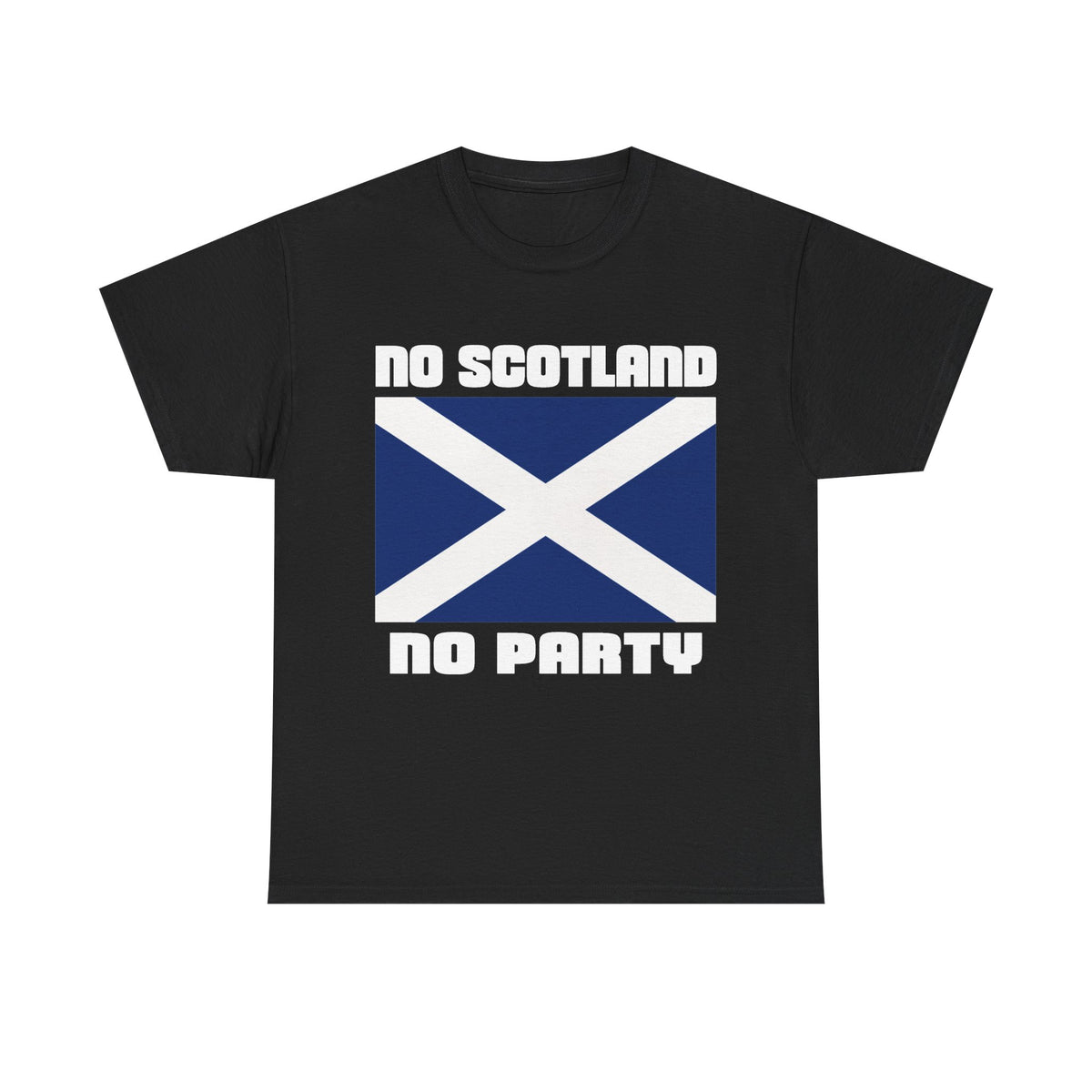A black short-sleeve t-shirt with a graphic print featuring the Scottish flag (St. Andrew's Cross) in blue and white, with the text 'NO SCOTLAND NO PARTY' in white capital letters.