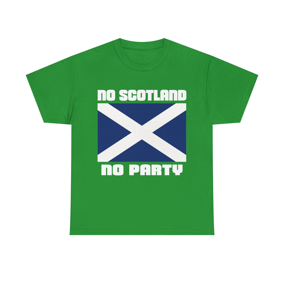 A green short-sleeve t-shirt with a graphic on the front featuring the Scottish flag (St. Andrew's Cross) and the text 'NO SCOTLAND NO PARTY' in white. jokertshirts.co.uk
