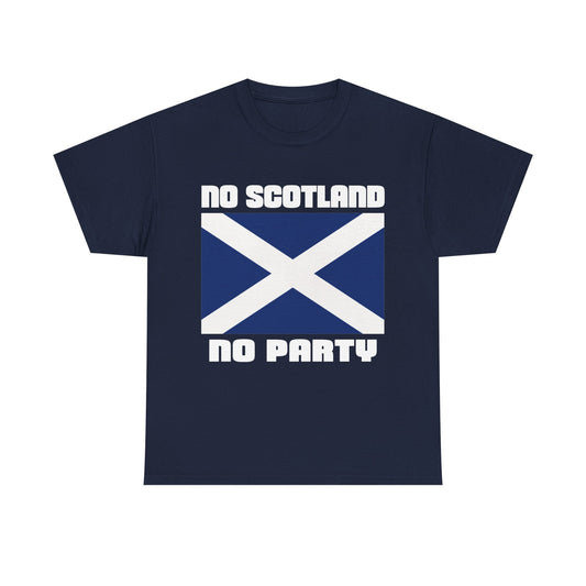 A navy blue short-sleeve t-shirt with a graphic on the front featuring the Scottish flag (St. Andrew's Cross) and the text 'NO SCOTLAND NO PARTY' in white.