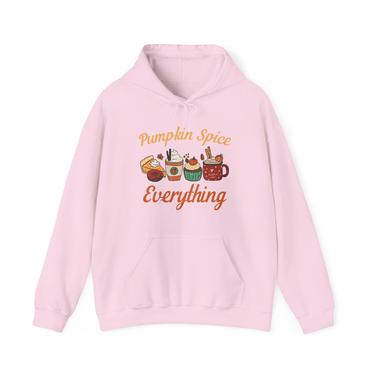 A light pink pullover hoodie with a 'Pumpkin Spice Everything' graphic on the chest, featuring autumn-themed illustrations and text, displayed on a clean white background.