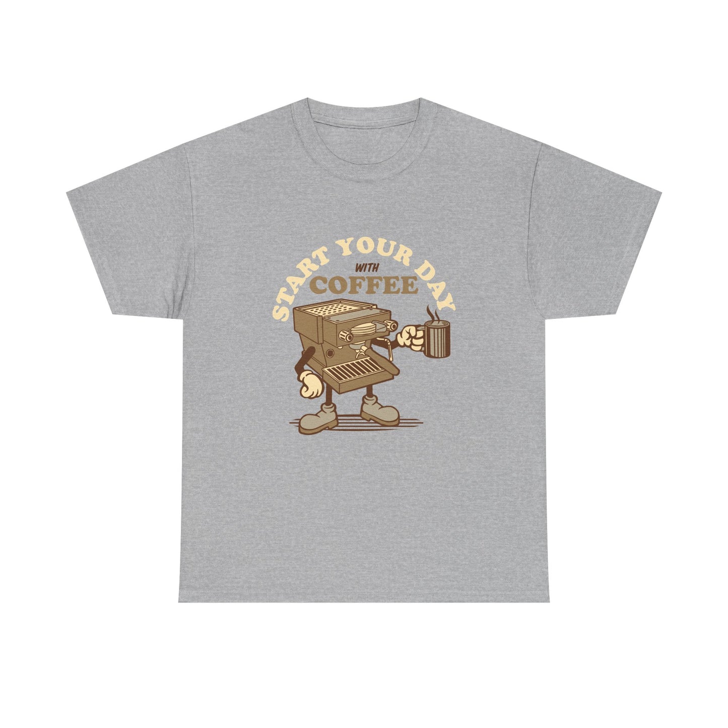 A heather grey short-sleeve crewneck t-shirt featuring a cartoon graphic of a coffee machine with legs and arms holding a mug, with the text 'START YOUR DAY WITH COFFEE' arched above it.
