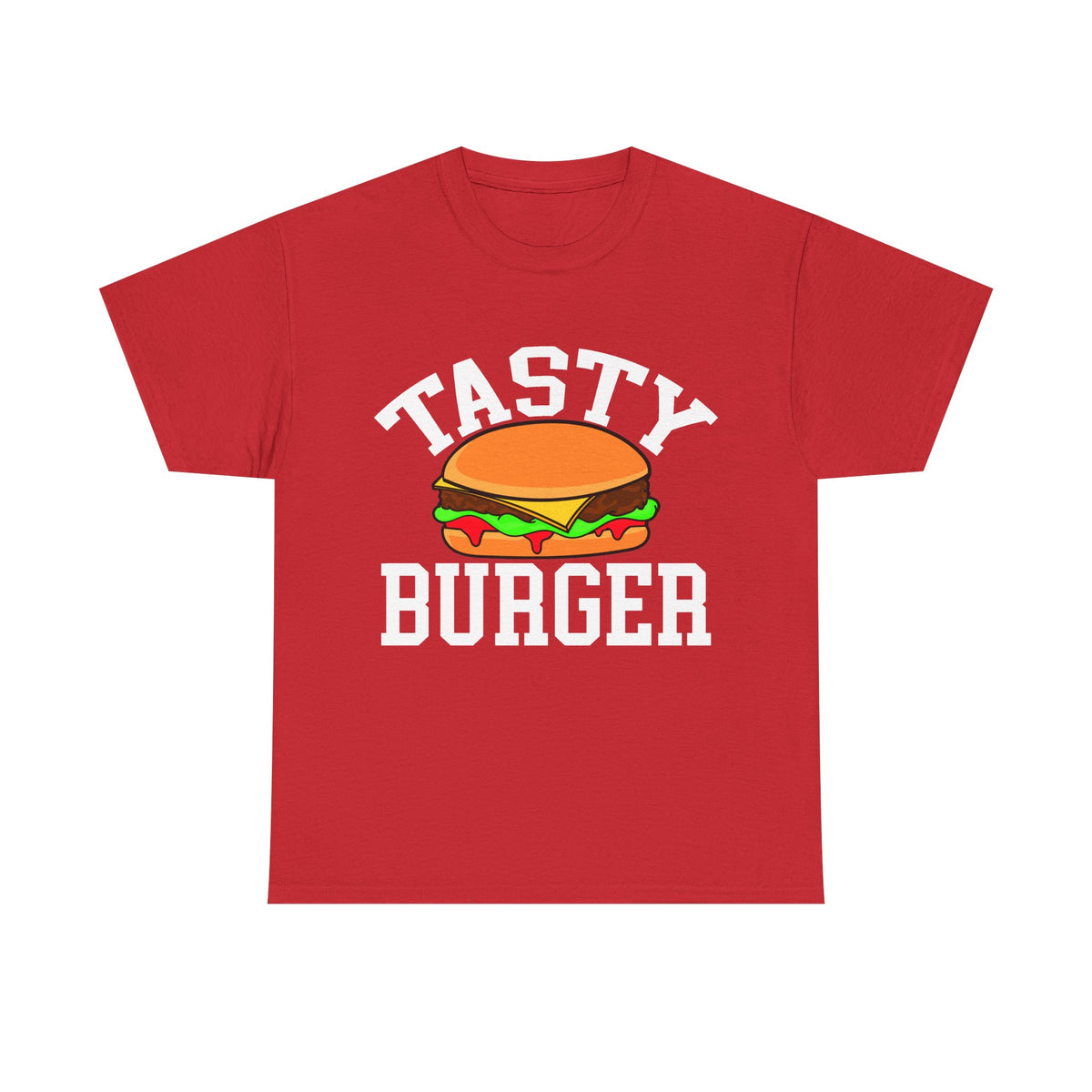 A red short-sleeve crewneck t-shirt featuring a cartoon graphic of a burger with the words 'TASTY BURGER' printed in white arched text above and below it.