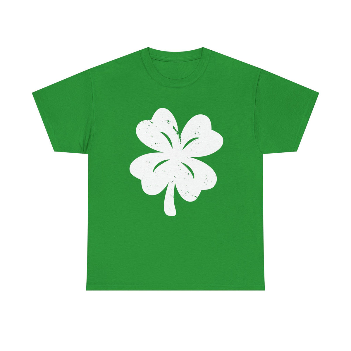 A bright green short-sleeve crewneck t-shirt featuring a large white distressed four-leaf clover graphic on the front.