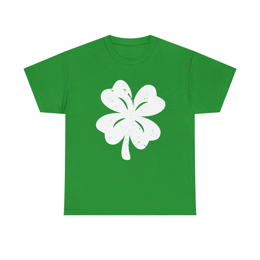 A bright green short-sleeve crewneck t-shirt featuring a large white distressed four-leaf clover graphic on the front.