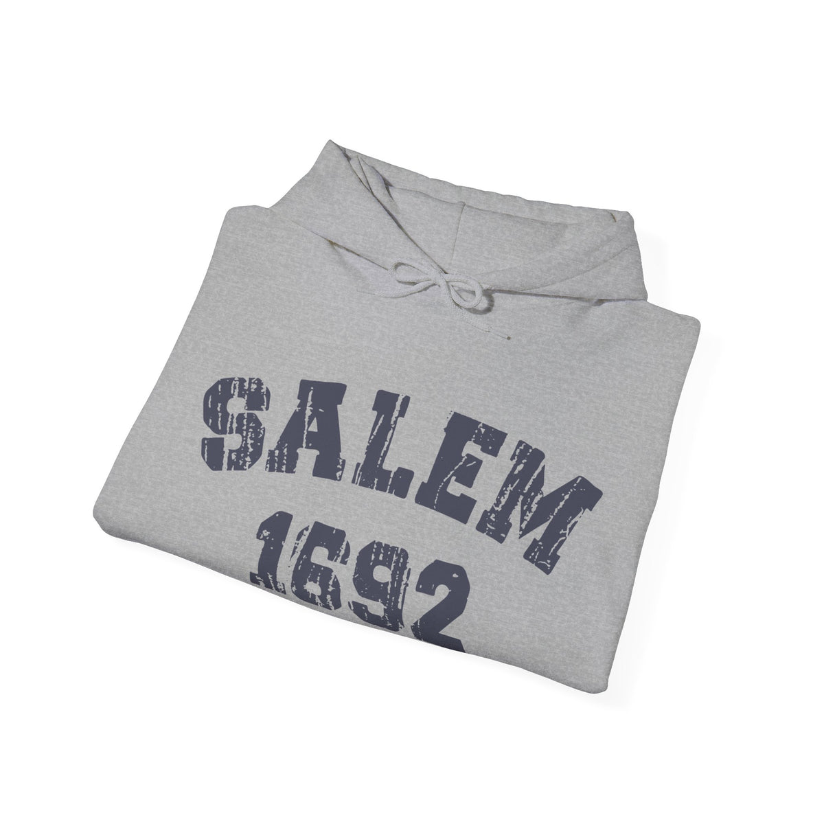 A folded light gray hoodie with 'SALEM 1692' printed in distressed navy blue lettering, shown on a plain white background.