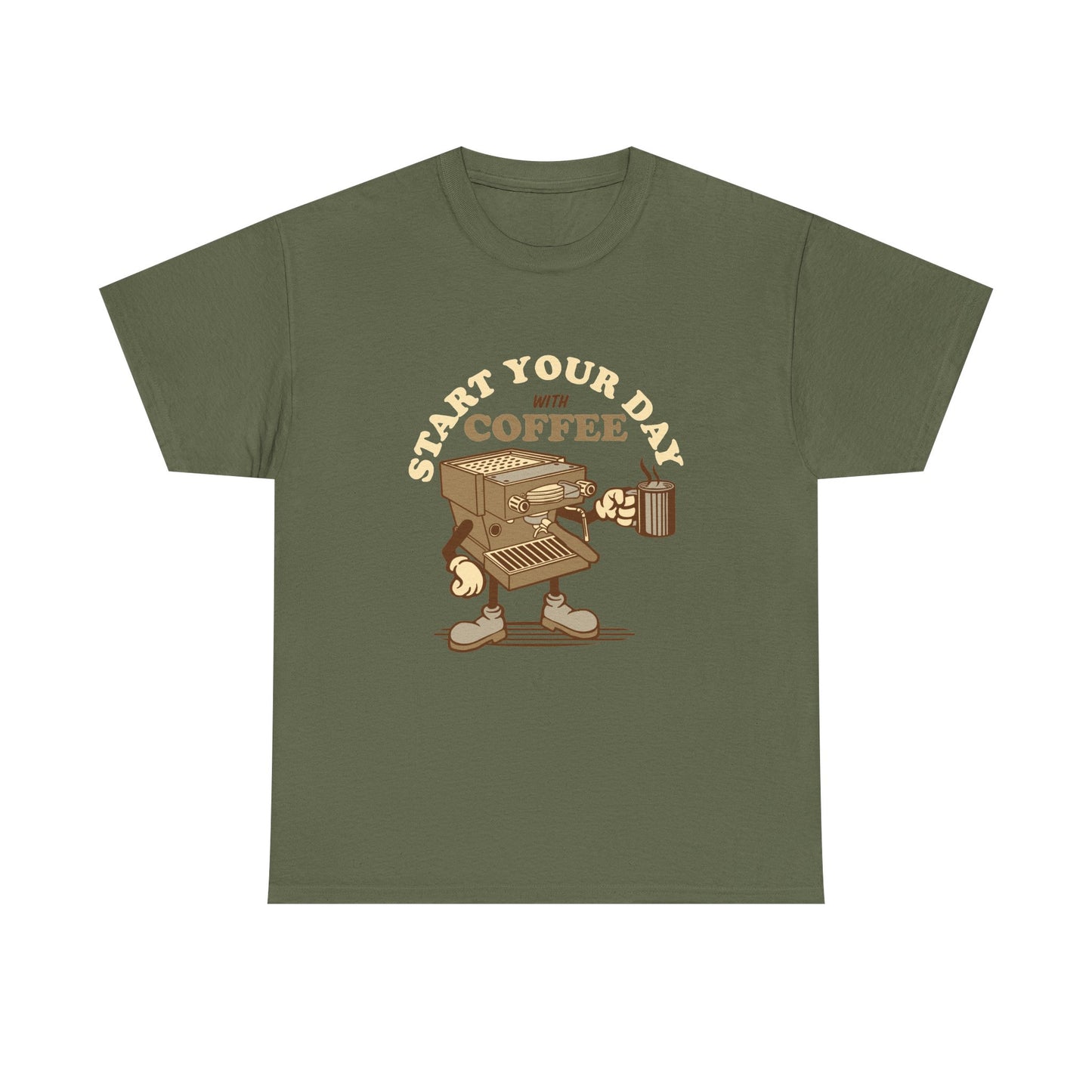 Start Your Day With Coffee T-Shirt | Retro Coffee Shirt in camo green