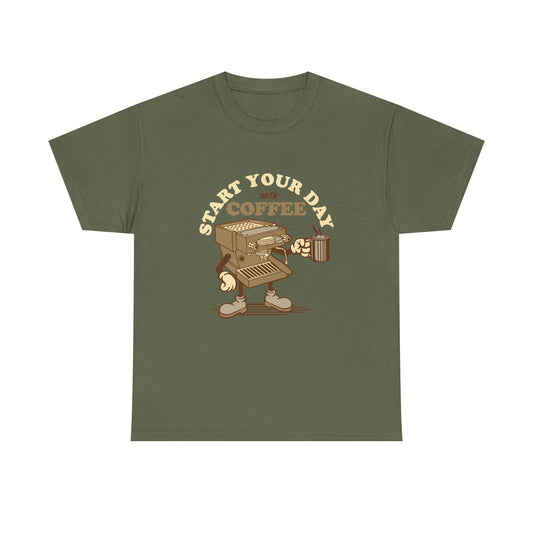 Start Your Day With Coffee T-Shirt | Retro Coffee Shirt in camo green
