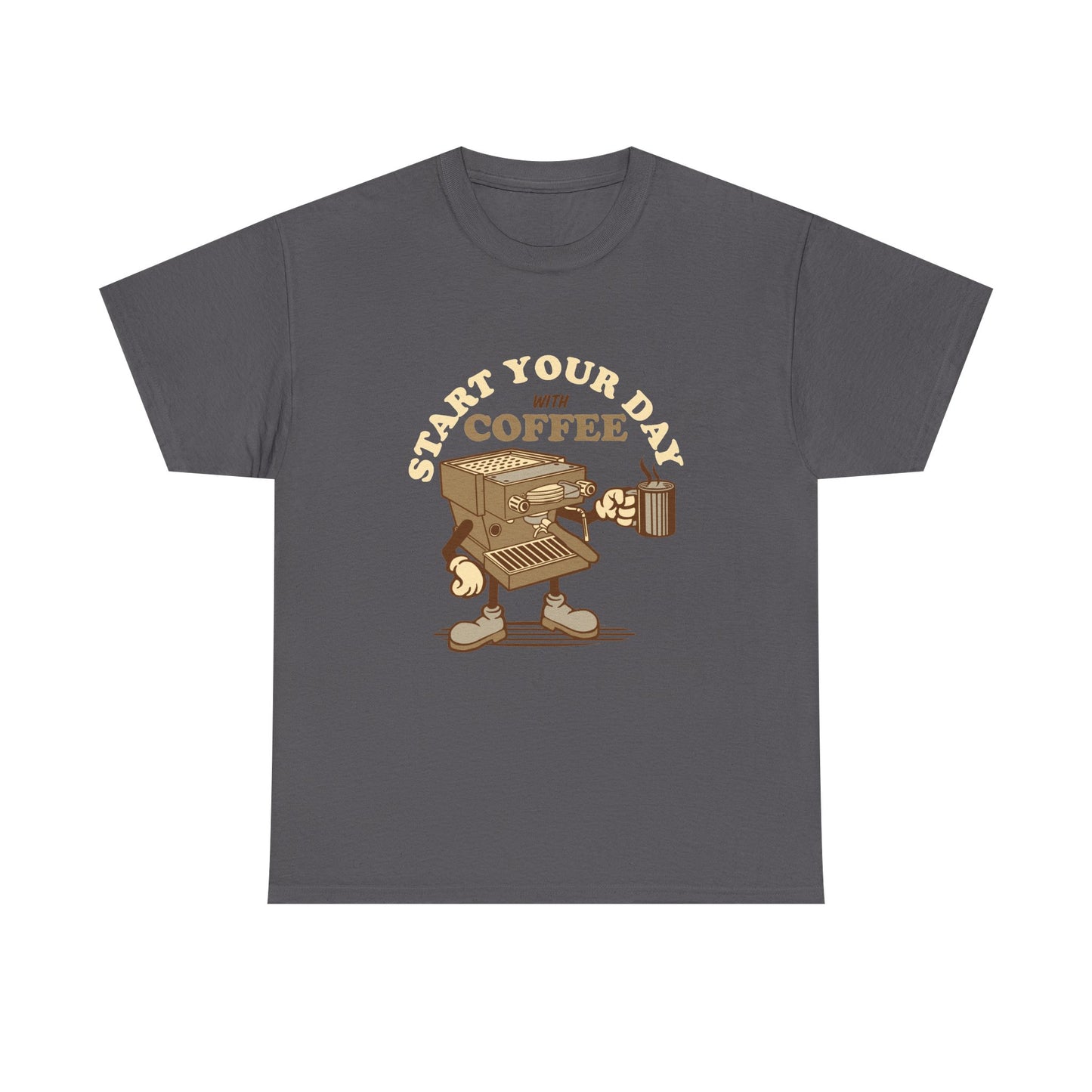 A dark grey short-sleeve crewneck t-shirt featuring a graphic of a cartoon coffee maker with legs and the text 'START YOUR DAY WITH COFFEE' in a warm brown and beige color palette.